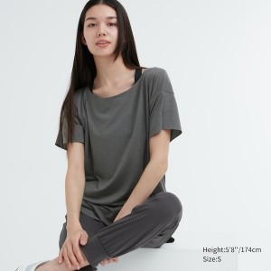 Uniqlo AIRism Seamless Båt Neck Kort-Sleeve Long T-skjorte Dame Mørke Grå | 3214-DOQAW