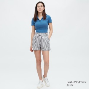 Uniqlo Bomull Linen Stripete Shorts Dame Blå | 0514-FUMEY