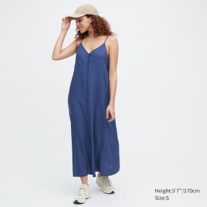 Uniqlo Button Down Camisole Flare Kjole Dame Blå | 1753-XAKBC