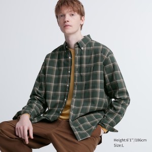 Uniqlo Extra Fine Bomull Broadcloth Checked Long-Sleeve Skjorte Herre Olivengrønne | 5149-KHWJO