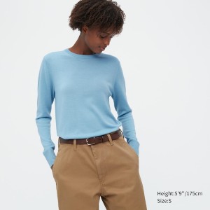 Uniqlo Extra Fine Merino Crew Neck Long-Sleeve Gensere Dame Blå | 2410-CQFEO