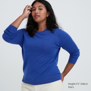 Uniqlo Extra Fine Merino Crew Neck Long-Sleeve Gensere Dame Blå | 4729-YQGCT