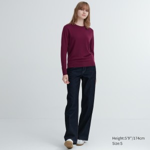 Uniqlo Extra Fine Merino Crew Neck Long-Sleeve Gensere Dame Burgunder | 1395-SKLRM