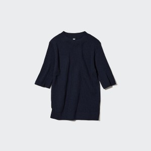 Uniqlo Extra Fine Merino Ribbet Half-Sleeve Kort Gensere Dame Marineblå | 3269-VSYKN