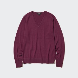 Uniqlo Extra Fine Merino V-Neck Long-Sleeve Gensere Dame Burgunder | 0521-VZYAK