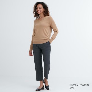 Uniqlo Extra Fine Merino V-Neck Long-Sleeve Gensere Dame Beige | 4762-DRHQE