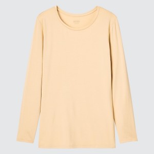 Uniqlo HEATTECH Crew Neck Long-Sleeve T-skjorte Dame Beige | 2703-XCMZH