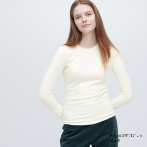 Uniqlo HEATTECH Ultra Warm Crew Neck Long-Sleeve T-skjorte Dame Hvite | 2841-TAJQK