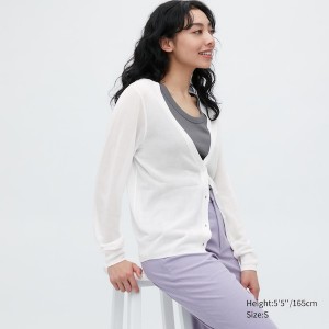 Uniqlo Light V-Neck Long-Sleeve Cardigan Dame Hvite | 1382-GAFST