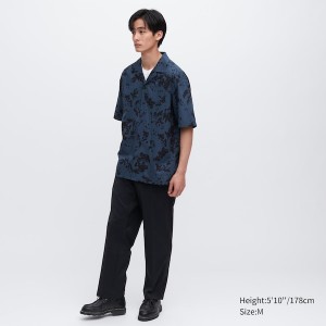 Uniqlo Open Collar Kort-Sleeve Skjorte Herre Marineblå | 2183-TCOXK