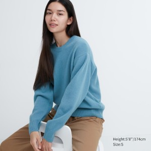 Uniqlo Premium Lambswool Crew Neck Long-Sleeve Gensere Dame Blå | 5206-VFQYE