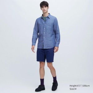 Uniqlo Premium Linen Long-Sleeve Skjorte Herre Blå | 5097-GCJND