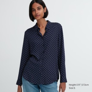 Uniqlo Rayon Printed Long-Sleeve Skjorte Dame Marineblå | 3685-RJFLC