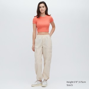 Uniqlo Ribbet Crew Neck Kort-Sleeve Cropped T-skjorte Dame Oransje | 8051-WLRQM