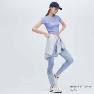 Uniqlo Ribbet Crew Neck Kort-Sleeve Cropped T-skjorte Dame Blå | 2465-STKMU