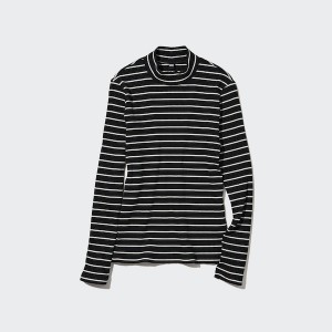 Uniqlo Ribbet Stripete High Neck Long-Sleeve T-skjorte Dame Svarte | 1530-ZMATB