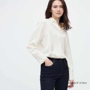 Uniqlo Satin Long-Sleeve Skjorte Dame Hvite | 0587-MOBQP