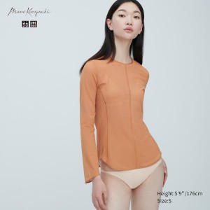 Uniqlo Sheer Crew Neck Long-Sleeve T-skjorte Dame Brune | 1375-GZDBO