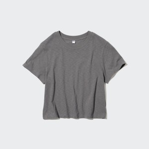 Uniqlo Slub Jersey Cropped Kort-Sleeve T-skjorte Dame Svarte | 3598-DMYZB