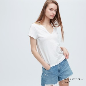 Uniqlo Slub Jersey V-Neck Kort-Sleeve T-skjorte Dame Hvite | 7693-SQDVL