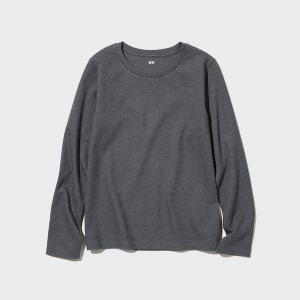 Uniqlo Smooth Stretch Bomull Crew Neck Long-Sleeve T-skjorte Dame Mørke Grå | 4615-YUTNF