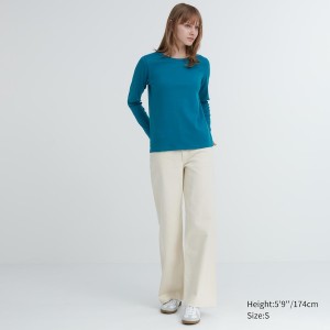 Uniqlo Smooth Stretch Bomull Crew Neck Long-Sleeve T-skjorte Dame Blå | 2389-OCELZ