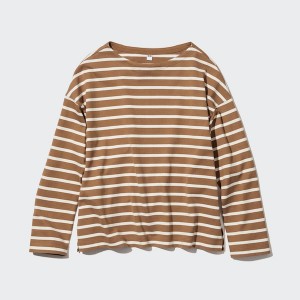 Uniqlo Stripete Long-Sleeve T-skjorte Dame Brune | 1756-BTRZP