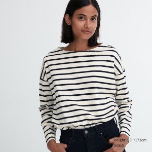 Uniqlo Stripete Long-Sleeve T-skjorte Dame Hvite | 9538-NTVUH