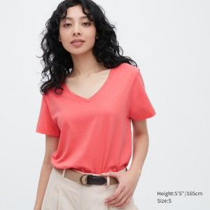 Uniqlo Supima® Bomull V-Neck Kort-Sleeve T-skjorte Dame Rosa | 2819-TJFZP