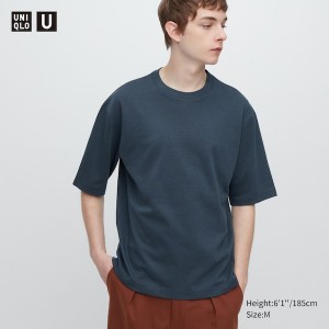 Uniqlo U AIRism Bomull Stripete Crew Neck Oversized T-skjorte Herre Blå | 6513-MRDON