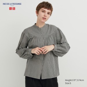 Uniqlo Volume Checked Long-Sleeve Skjorte Dame Svarte | 7439-EHQJO