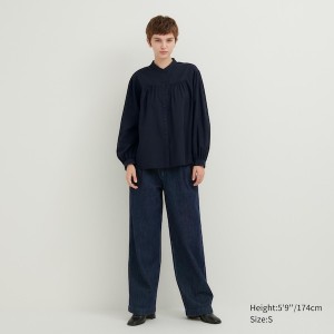 Uniqlo Volume Long Sleeve Skjorte Dame Marineblå | 3201-TOACK