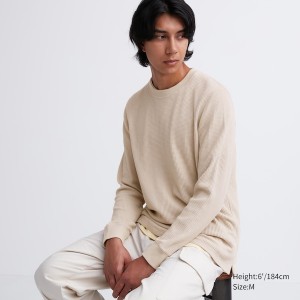 Uniqlo Waffle Crew Neck Long-Sleeve T-skjorte Herre Beige | 1657-ITKMF