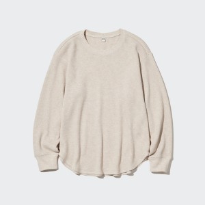 Uniqlo Waffle Crew Neck Long-Sleeve T-skjorte Dame Beige | 1643-SXPLM