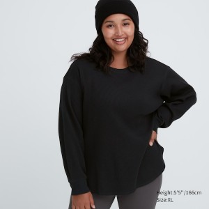 Uniqlo Waffle Crew Neck Long-Sleeve T-skjorte Dame Svarte | 2648-CANUI