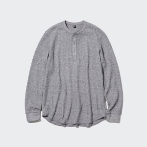 Uniqlo Waffle Henley Neck Long-Sleeve T-skjorte Herre Blå | 6310-BMKAU