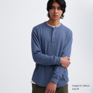 Uniqlo Waffle Henley Neck Long-Sleeve T-skjorte Herre Blå | 7248-LOHRT