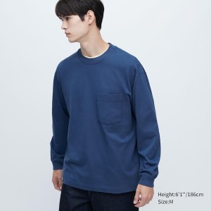 Uniqlo Washed Bomull Crew Neck Long-Sleeve Gensere Herre Blå | 9187-HJAGT