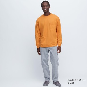 Uniqlo Washed Bomull Crew Neck Long-Sleeve Gensere Herre Oransje | 5917-QXRFN