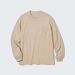 Uniqlo Washed Bomull Crew Neck Long-Sleeve T-skjorte Herre Beige | 8340-CPHOF