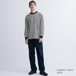 Uniqlo Washed Bomull Oversized Crew Neck Long-Sleeve T-skjorte Herre Blå | 9157-TIHYX