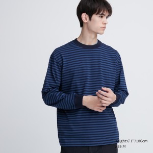 Uniqlo Washed Bomull Oversized Crew Neck Long-Sleeve T-skjorte Herre Blå | 7321-VECDY