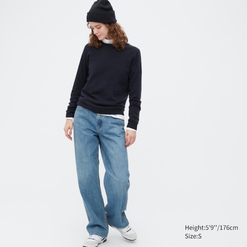 Uniqlo 3D Knit Cashmere Crew Neck Long-Sleeve Gensere Dame Marineblå | 3625-DSKIV