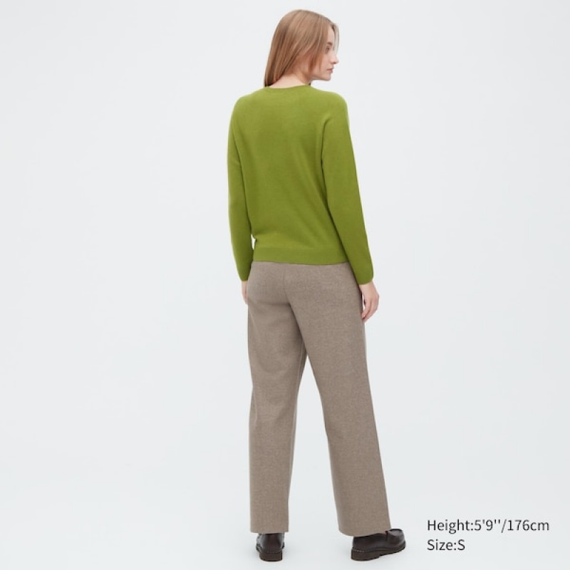 Uniqlo 3D Knit Cashmere Crew Neck Long-Sleeve Gensere Dame Grønn | 0876-VDINZ