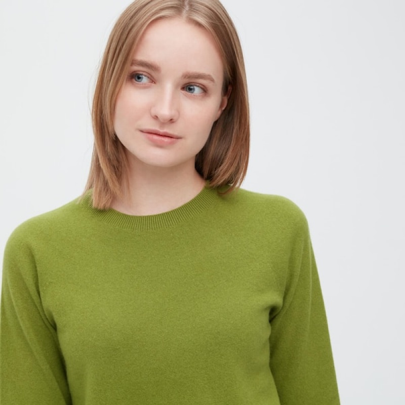 Uniqlo 3D Knit Cashmere Crew Neck Long-Sleeve Gensere Dame Grønn | 0876-VDINZ