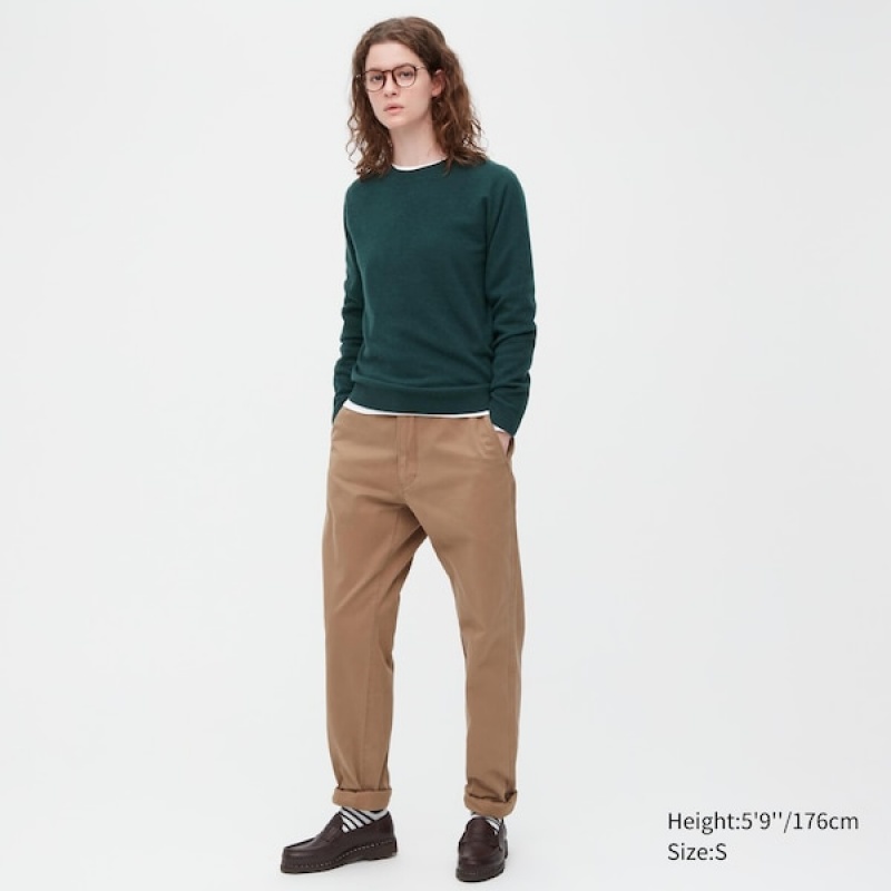 Uniqlo 3D Knit Cashmere Crew Neck Long-Sleeve Gensere Dame Mørke Grønn | 1852-YEXGF