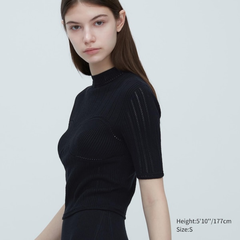 Uniqlo 3D Knit Mesh Half-Sleeve Gensere Dame Svarte | 2856-ULHTK