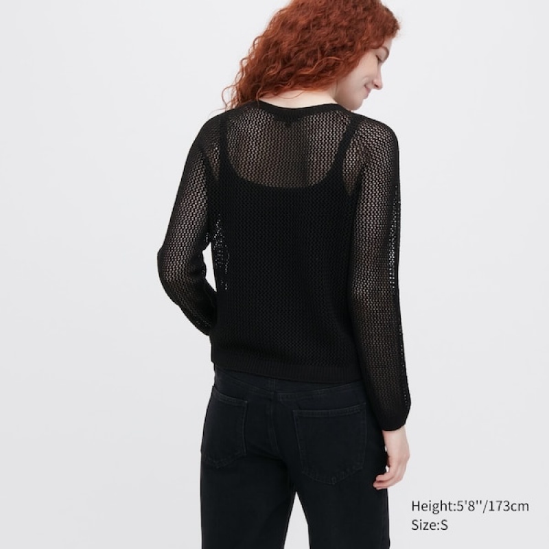 Uniqlo 3D Knit Mesh Long-Sleeve Crew Neck Gensere Dame Svarte | 6185-TIPKN