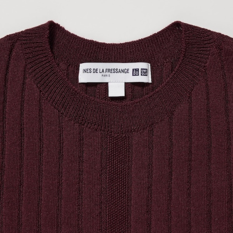 Uniqlo 3D Knit Ribbet Crew Neck Long-Sleeve Kjole Dame Burgunder | 6389-MUXGH