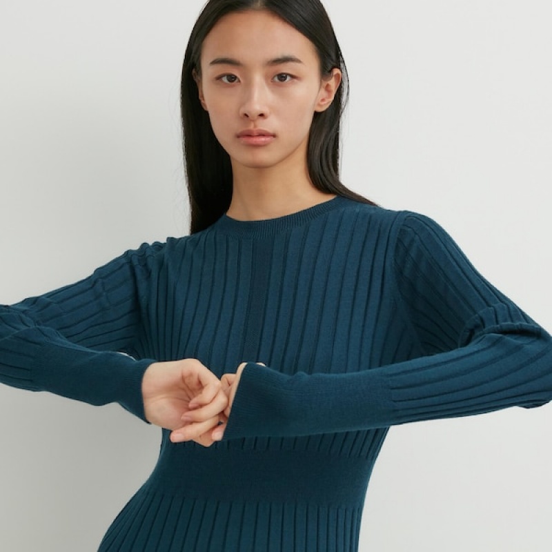 Uniqlo 3D Knit Ribbet Crew Neck Long-Sleeve Kjole Dame Mørke Blå | 2198-IEXKF